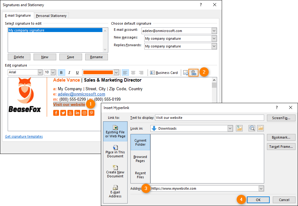 how to add linkedin link in outlook signature