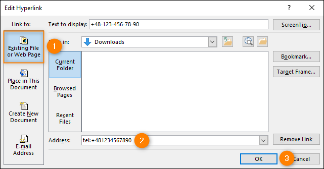 How to add a phone number link in Outlook signature editor