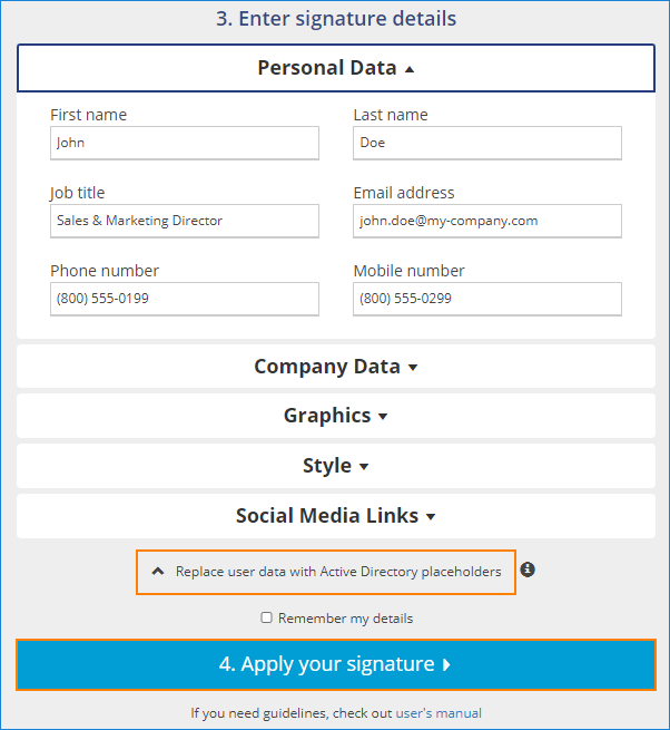 Signature generator - Replace user data with placeholders