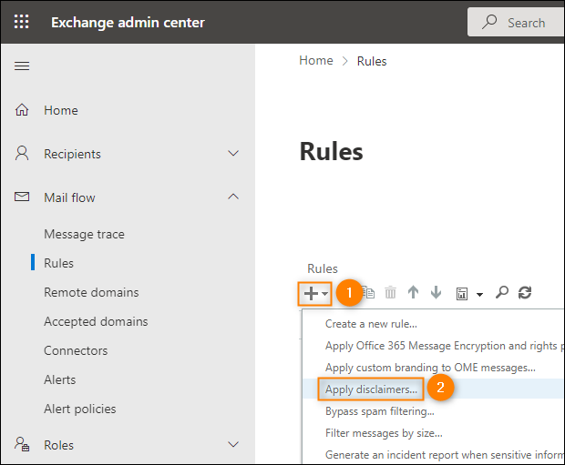 Adding a new rule that inserts signature in the Exchange admin center.