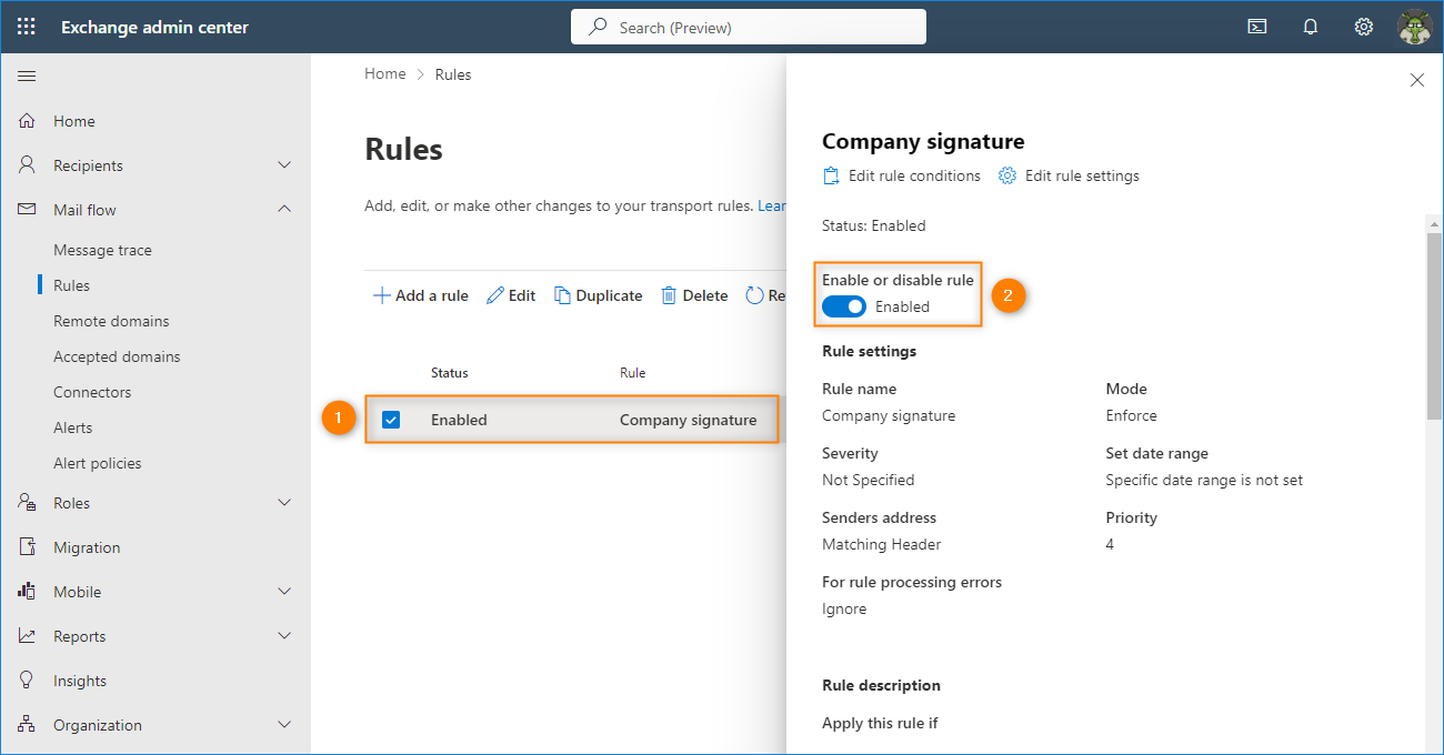 Enabling the new mail flow rule
