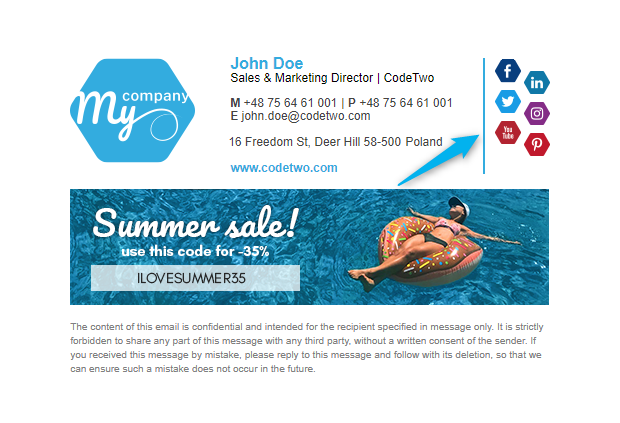 Impressive email signature template with hexagonal social media icons