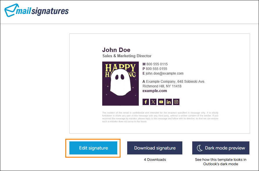 Editing a signature template at mail-signatures.com