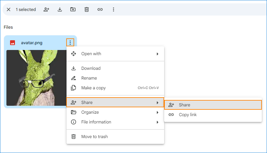 Google Drive - access image sharing options