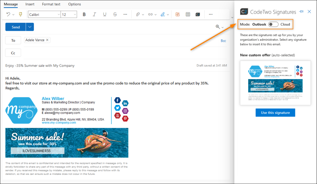 CodeTwo Outlook Add-in - switching between signature modes.