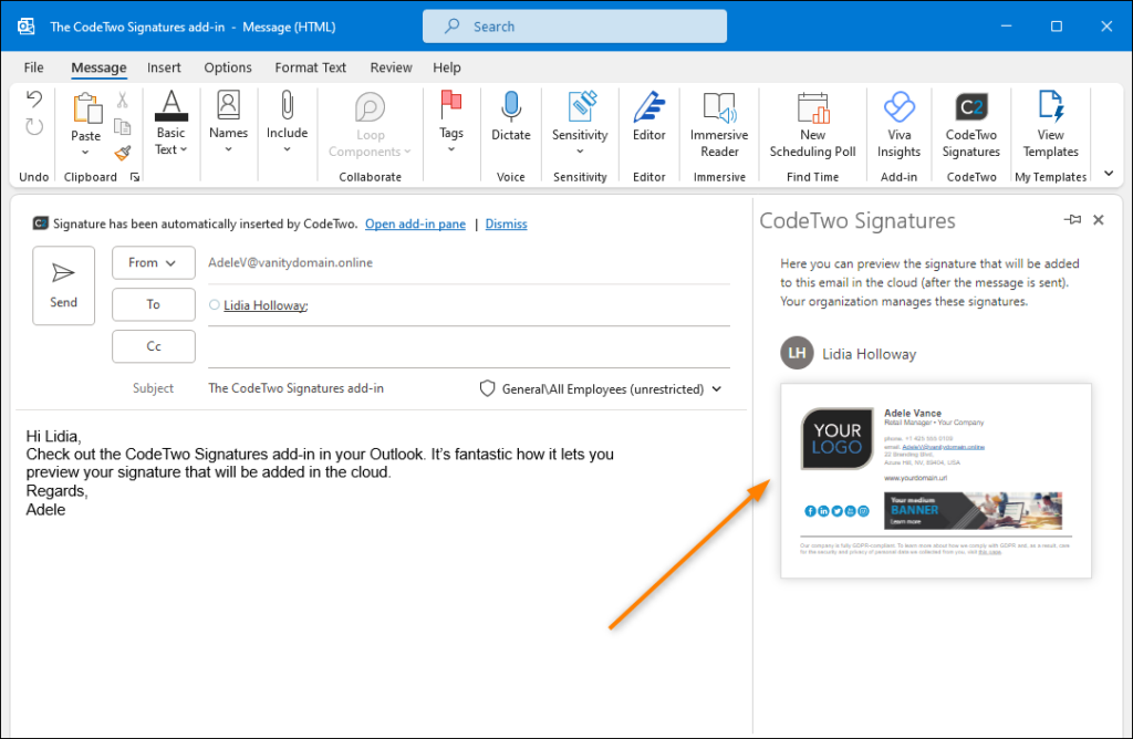 Previewing cloud signature with the CodeTwo Outlook add-in.