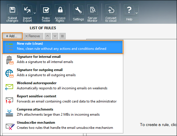 Creating a new clean rule in CodeTwo Exchange Rules Pro.