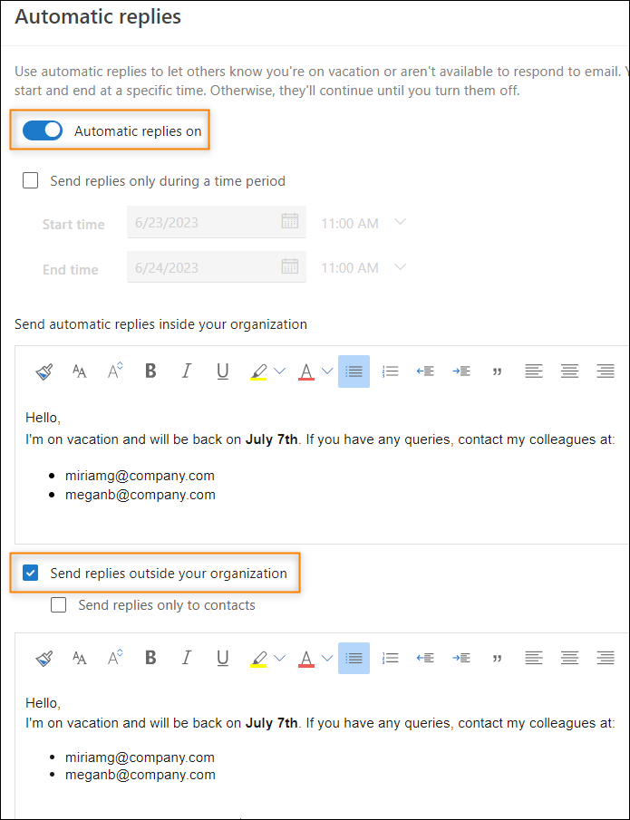 Configuring out of office reply in Outlook on the web (OWA).