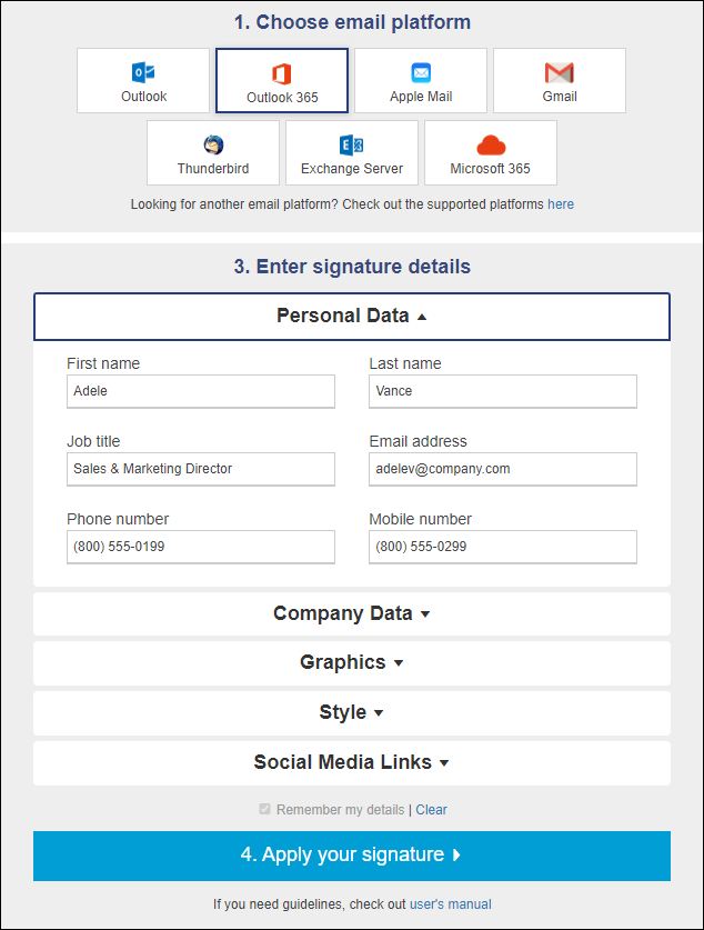 Setting up basic options in the free email signature generator at mail-signatures.com.