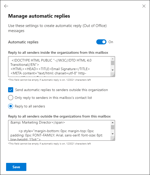 Centrally setting up Out of office reply in the Exchange admin center (EAC).