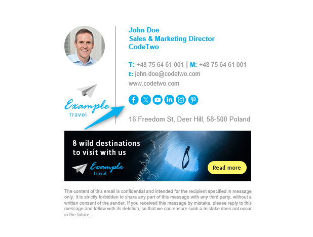 Email signature template with blue social icons