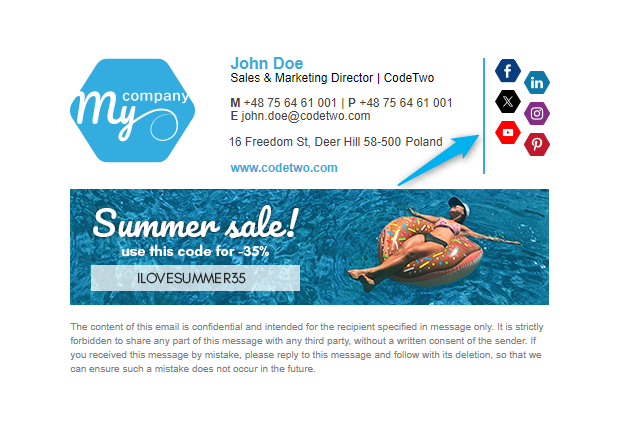 Impressive email signature template with hexagonal social media icons