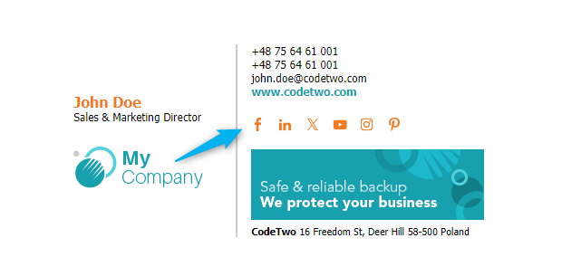 Simple and light email signature template with orange social media icons