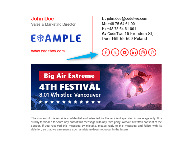Big and bold email signature template with red social media icons.