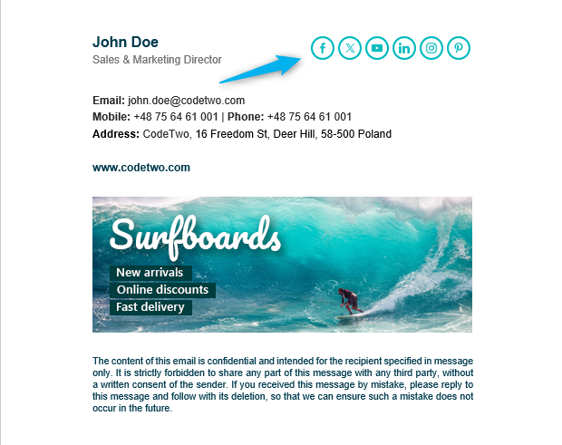 On the wave email signature template with turquoise social media icons