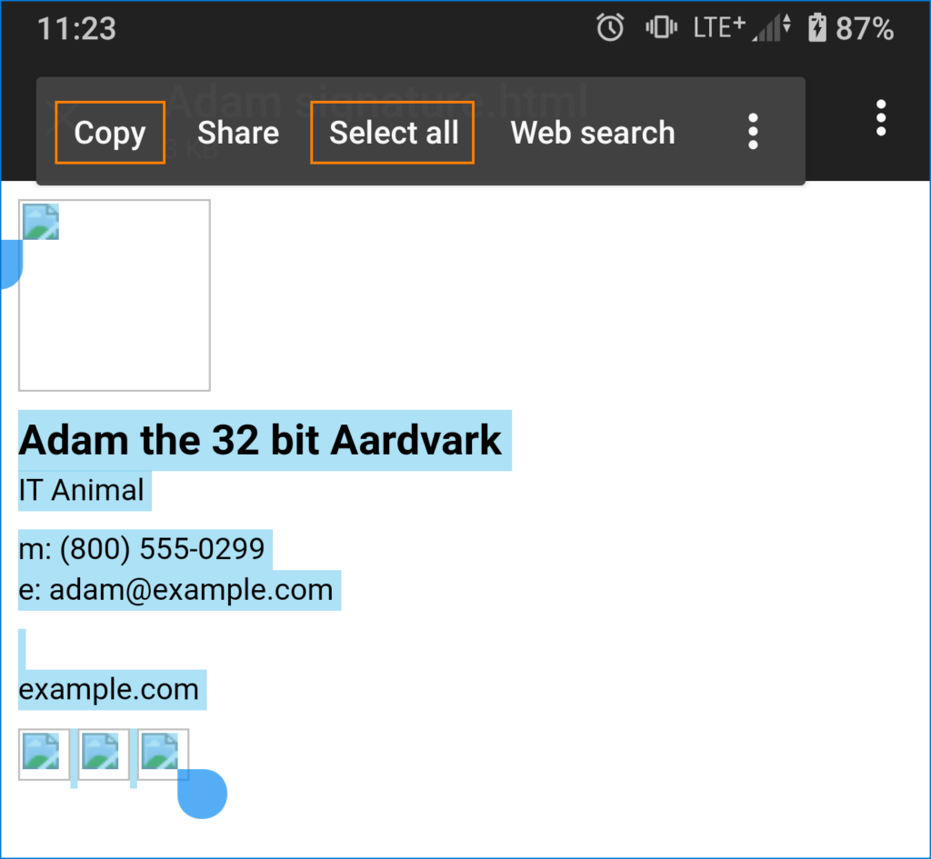 Copy HTML email signature on mobile