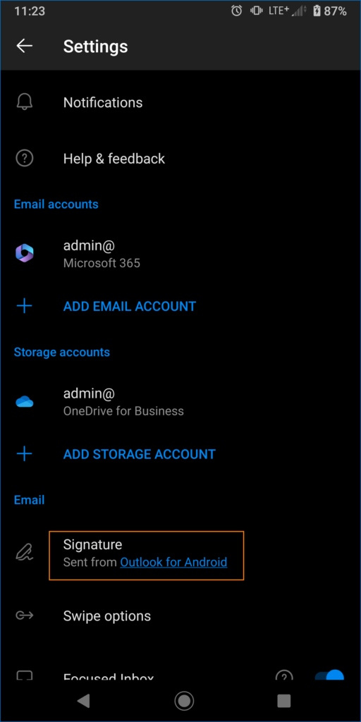 Email signature options in Outlook for Android