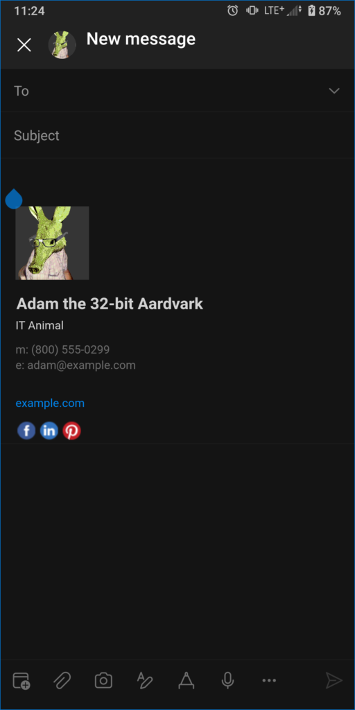 Mobile email signature added to a message