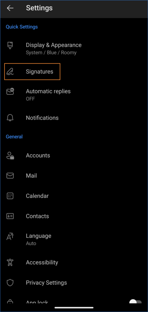 Outlook for Android - Open signature settings
