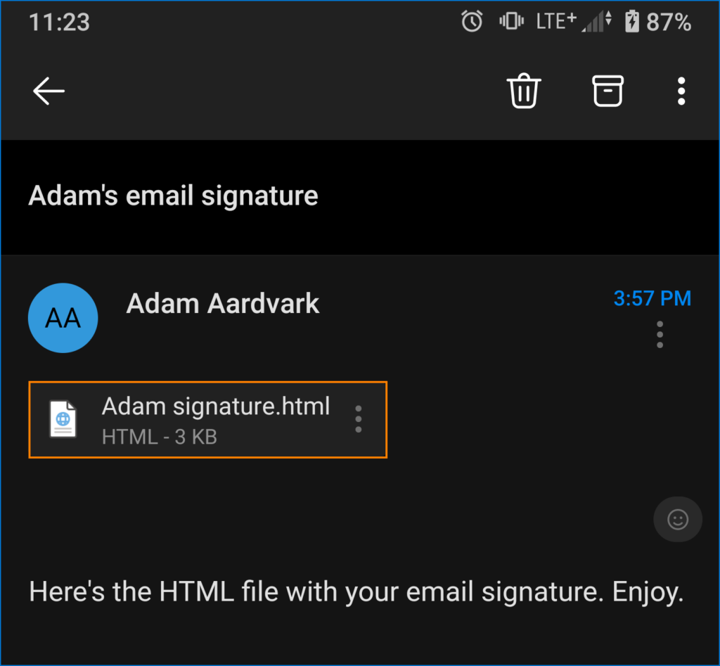 open HTML email signature attachment on Android