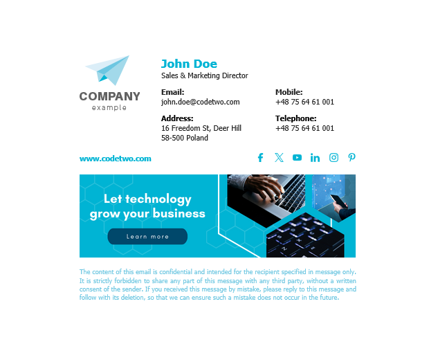 Email signature template - elegant & tech-focused template with logo, disclaimer and a banner you can edit in Canva.