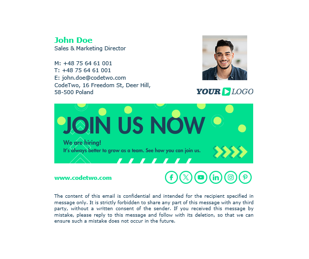 Email signature template - energizing neon green template with photo, disclaimer and a banner you can customize in Canva.