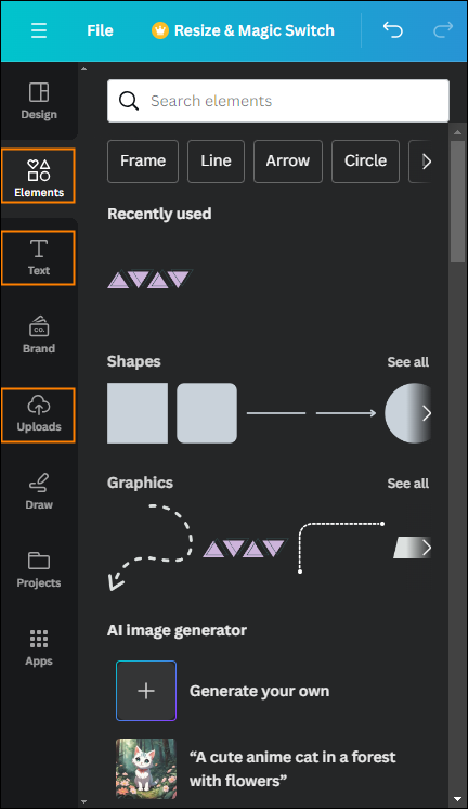 Canva editor pane allowing you to add new elements to your banner