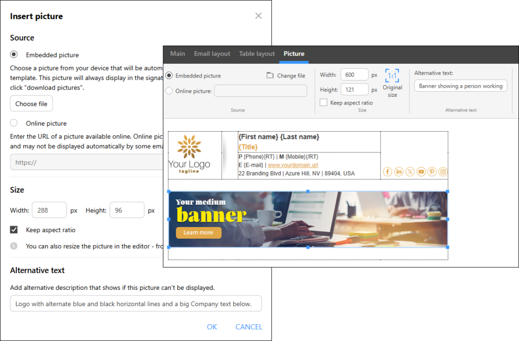 CodeTwo Email Signatures 365 editor lets you fully control embedded and linked images in your email signatures.