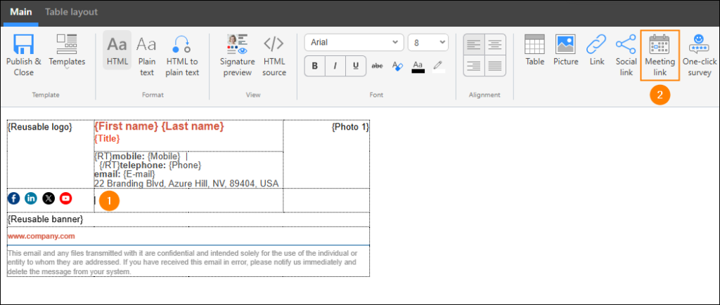 Accessing the Meeting link feature in the signature editor of CodeTwo Email Signatures 365
