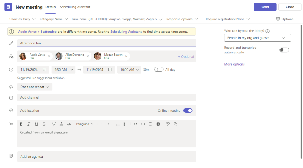 Microsoft Teams meeting scheduling configuration window