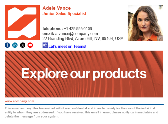 A sample CodeTwo email signature with a Microsoft Teams link