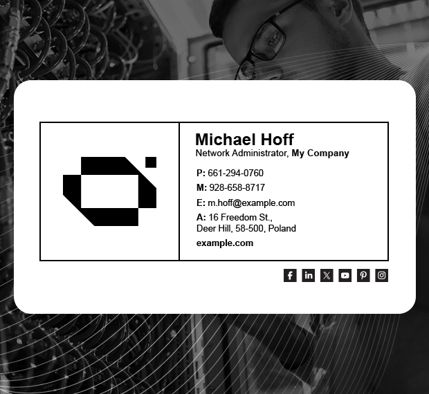 Black and white email signature.