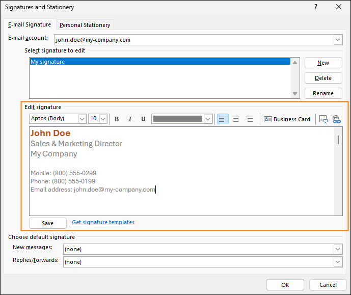 Email signature editor in the classic Outlook for Windows