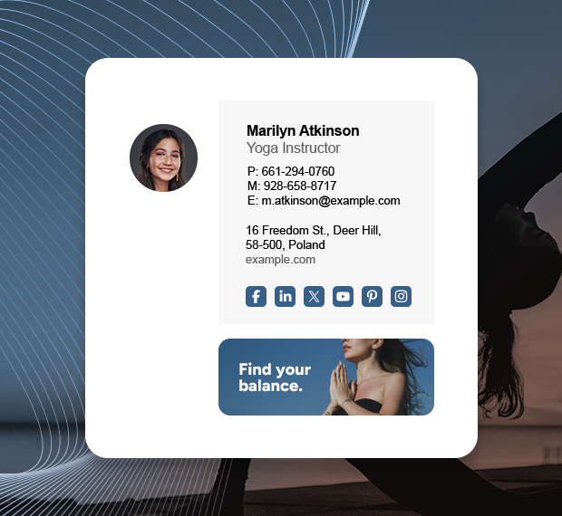Vertical email signature with a banner.