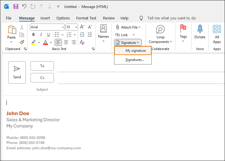 Automatic email signature in the classic Outlook