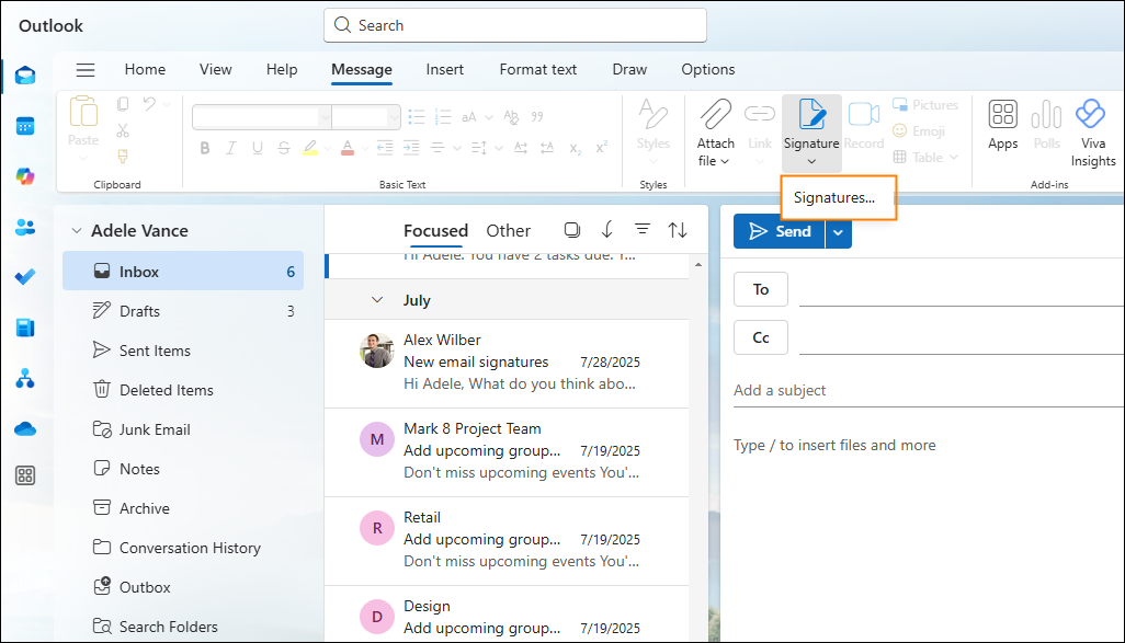 Access signature settings in the new Outlook for Windows