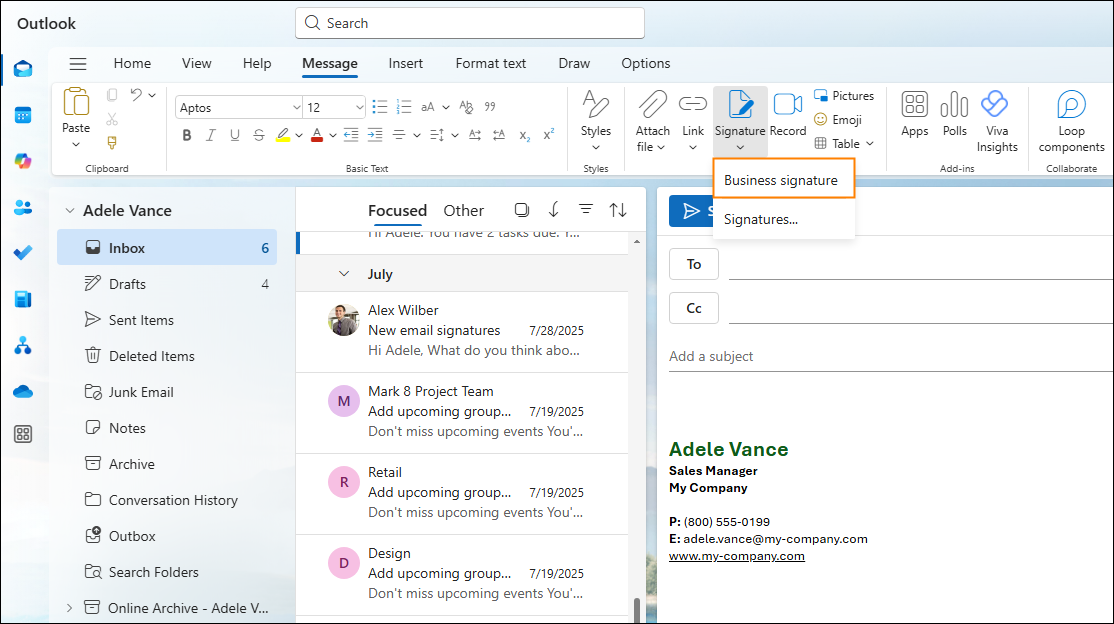 Manually add an email signature in the new Outlook for Windows