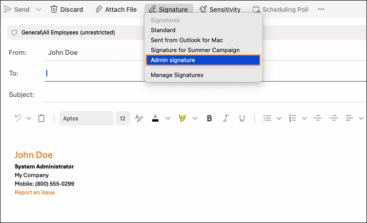 Manually Adding a signature in Outlook for Mac.