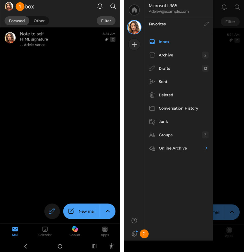 Accessing settings in Outlook for Android.