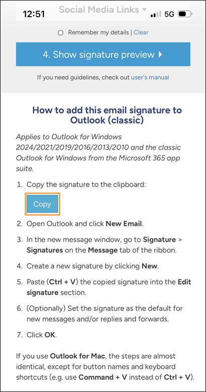 Free email signature generator on an iPhone