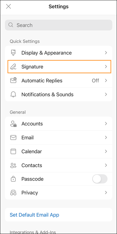 Signature settings in Outlook for iOS